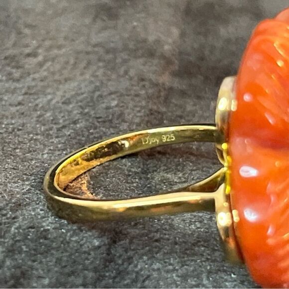 NWT Carved Red Jade & Niassa Ruby Primrose Floral Ring Yellow Gold /Sterling - Picture 8 of 13